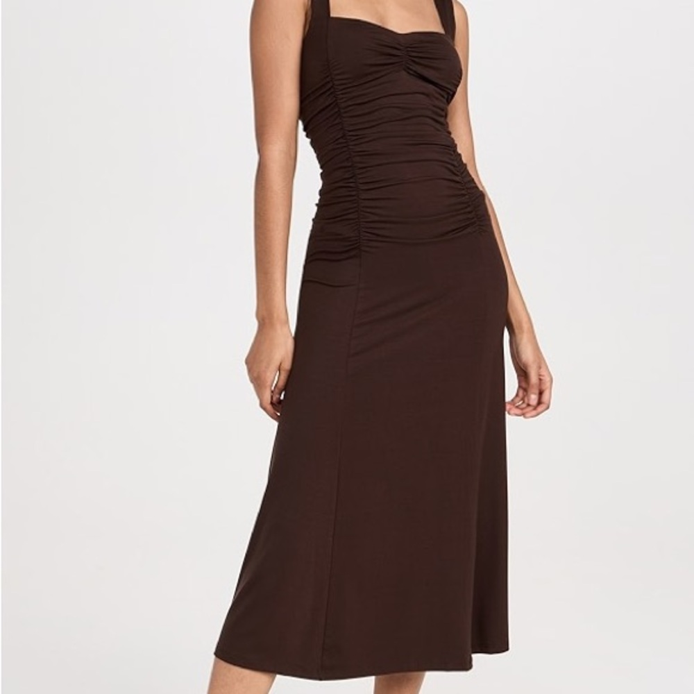 Reformation Brown Ruched Square-Neck Midi Dress